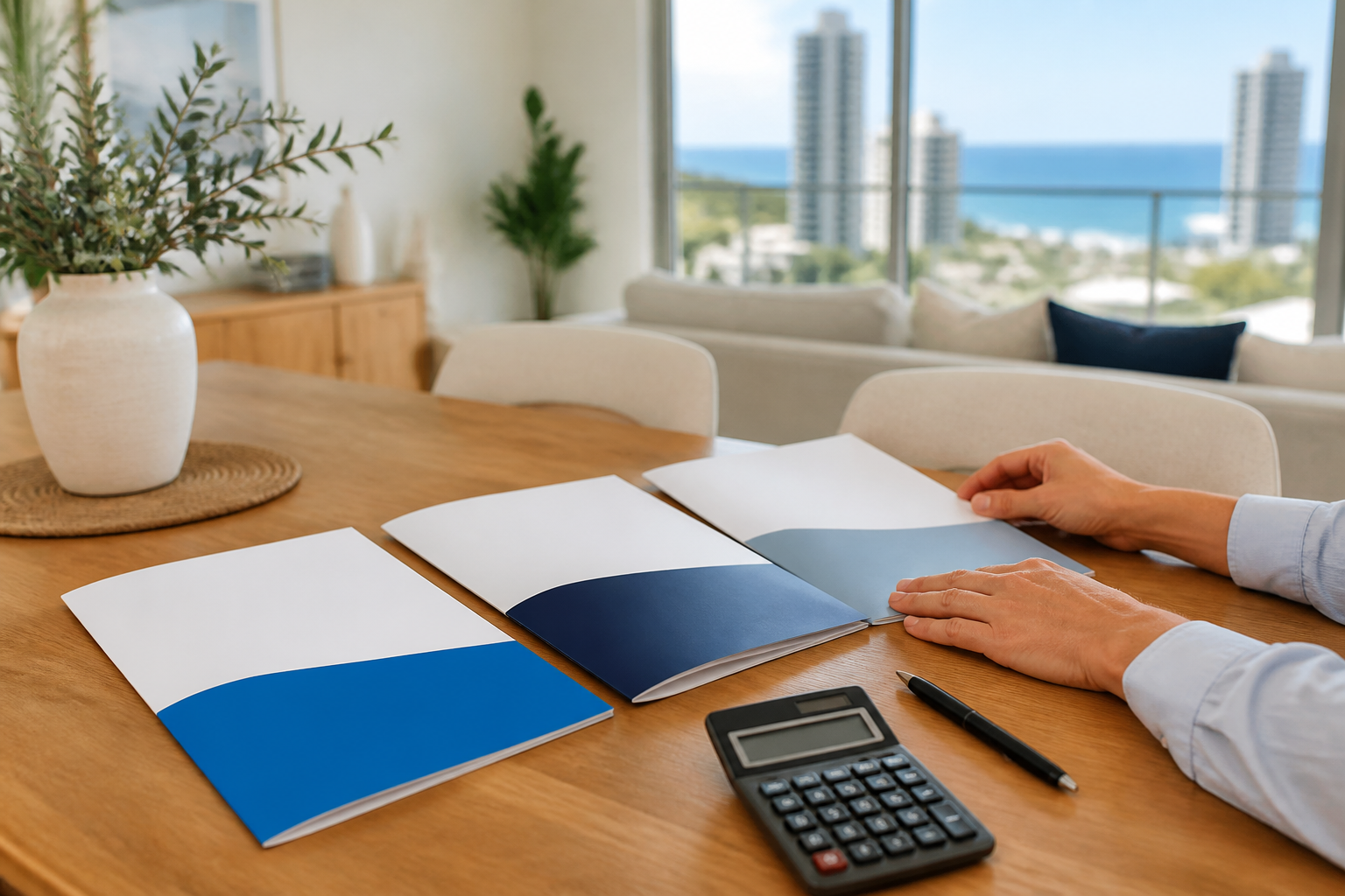 Homeowner comparing several agent appraisal proposals at a Gold Coast home