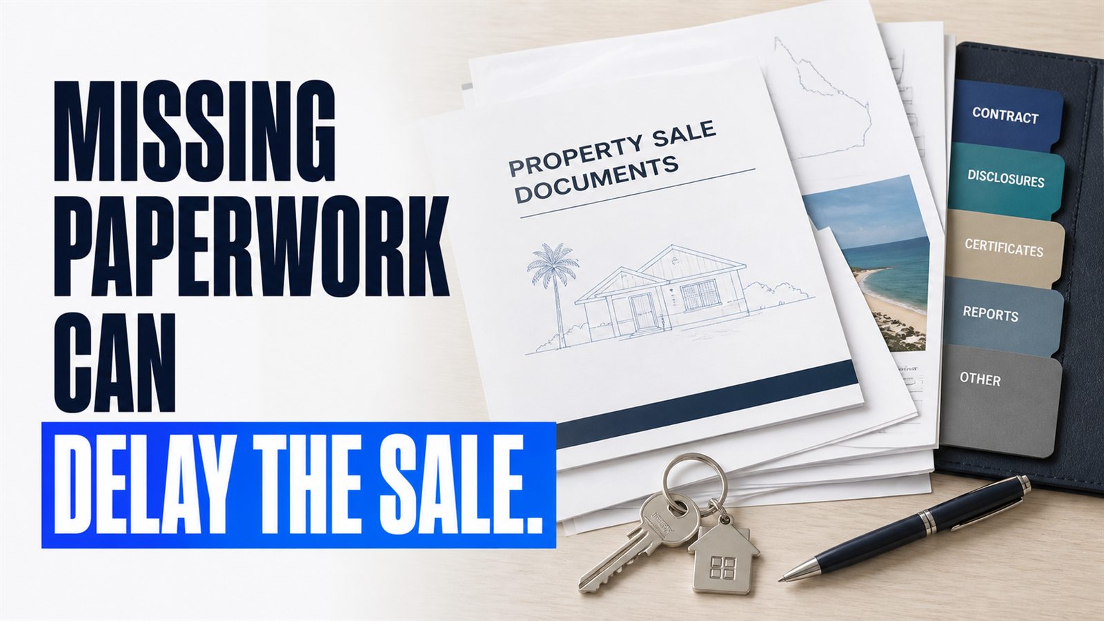 Organised property-sale documents with the message: Missing paperwork can delay the sale.