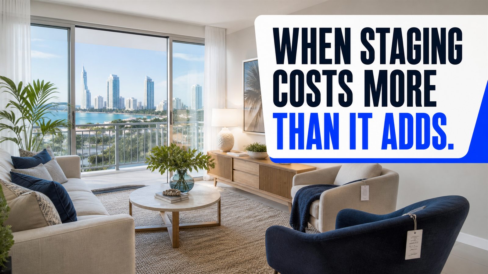 A staged Gold Coast living room with the message: When staging costs more than it adds.
