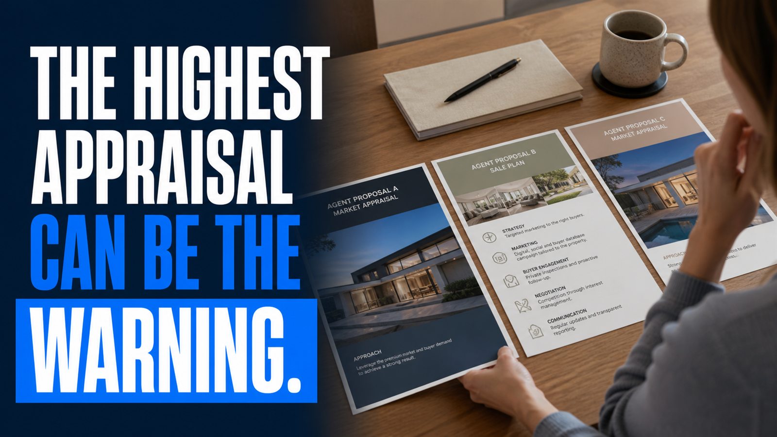 Three real estate agent proposals beside the words: The highest appraisal can be the warning.