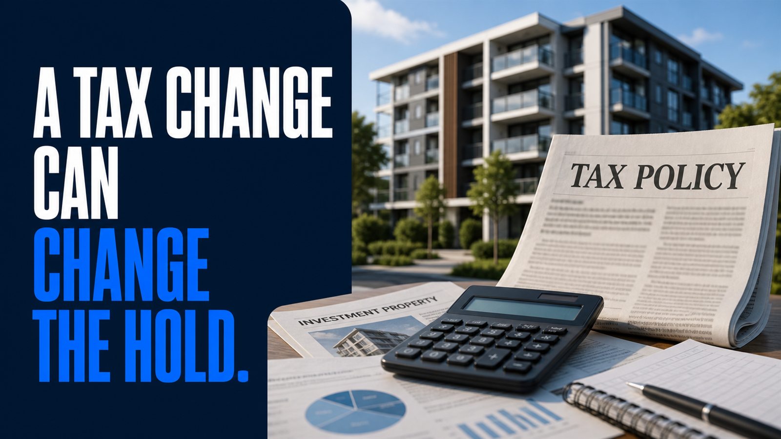 Investment property and tax documents with the message: A tax change can change the hold.
