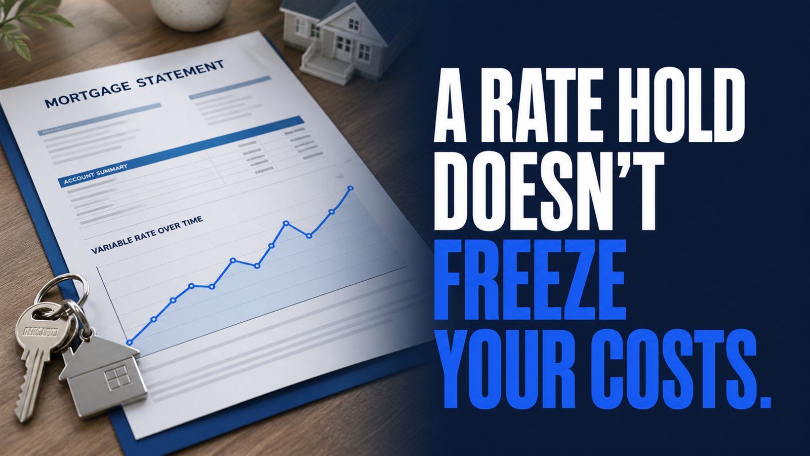 Mortgage papers and property keys with the message: A rate hold does not freeze your costs.