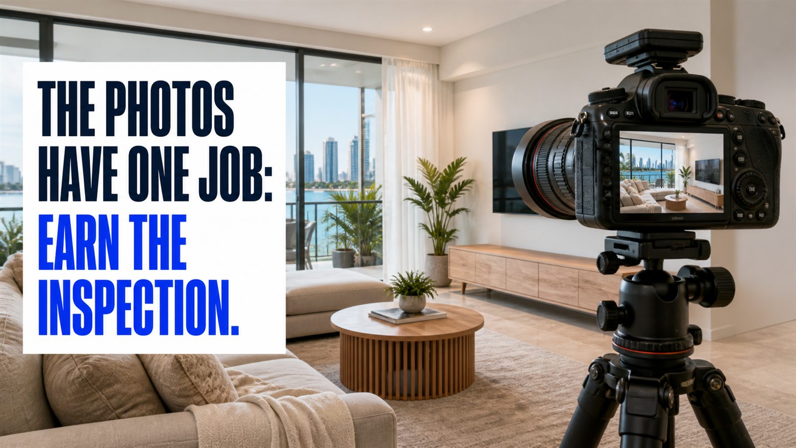 A professional camera photographing a property with the message: The photos have one job: earn the inspection.