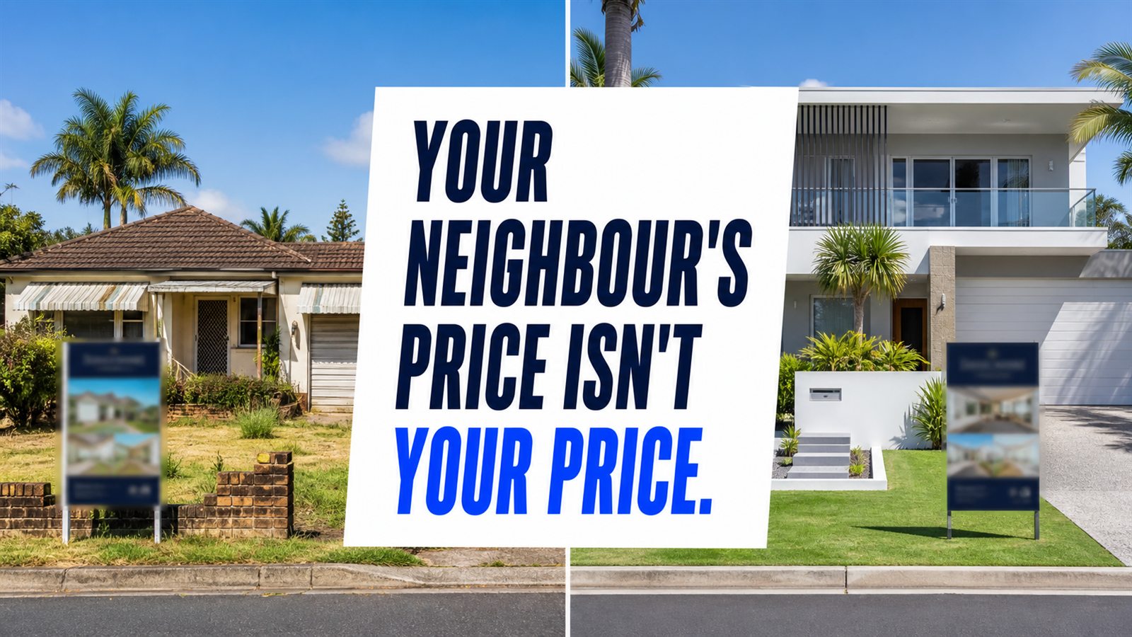 Two neighbouring properties with the message: Your neighbour's price is not your price.