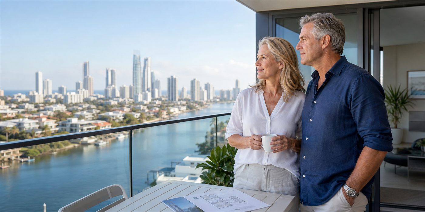 Apartment buyers discussing a Gold Coast downsizing move
