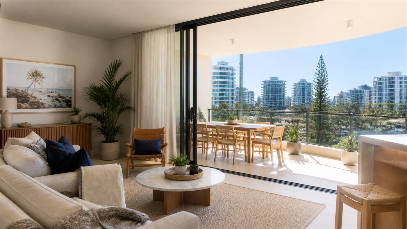 Bright modern Gold Coast apartment living area opening onto a balcony