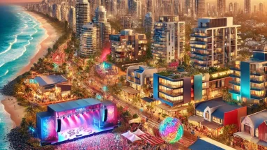 DALL·E 2024 09 13 09.23.18 A vibrant coastal cityscape of the Gold Coast Australia with a blend of artistic and cultural elements. The image should show modern beachfront prop