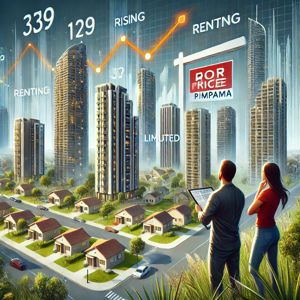 DALL·E 2024 10 17 23.34.29 A dynamic real estate market scene showcasing tall modern buildings and homes along the Gold Coast Australia. In the foreground a young couple look