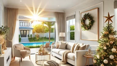 DALL·E 2024 10 18 17.25.40 A beautifully staged Gold Coast home with holiday decorations featuring a cozy well lit living room with a large window showing a bright summer day