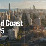 Aerial view of the Gold Coast in 2025 showing high-density apartments, stalled construction sites, and limited housing supply pressure.